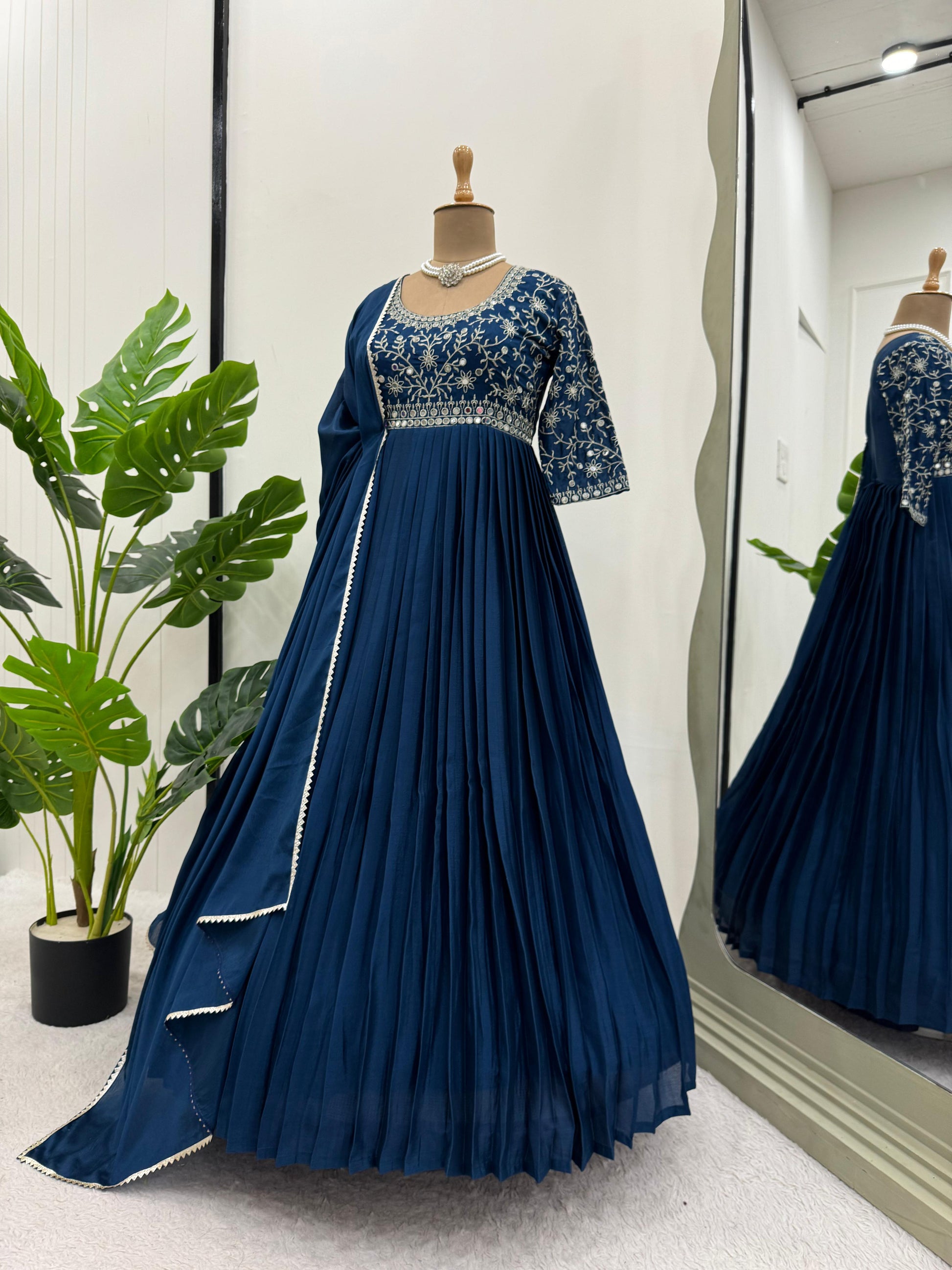 Awesome Real Mirror Work Navy Blue Color Gown