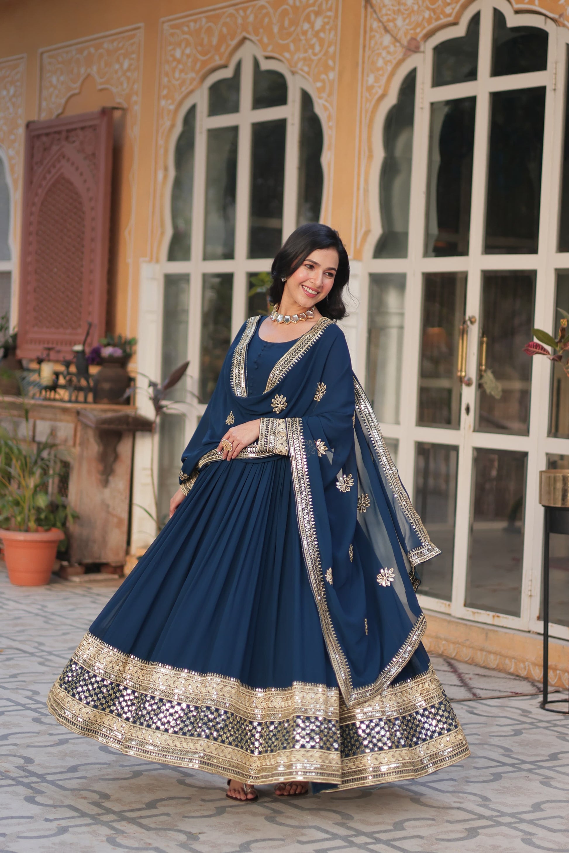 Good Looking Sequins Work Blue Color Gown