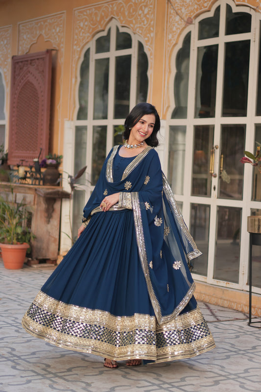 Good Looking Sequins Work Blue Color Gown