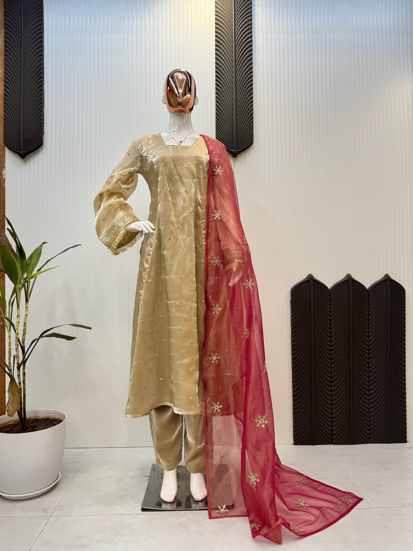 Delightful Embroidery Work Beige Color Salwar Suit With Red Dupatta