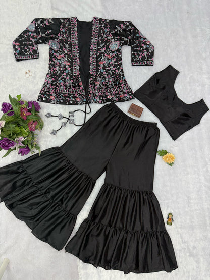Delightful Chinon Silk Black Color Sharara Suit