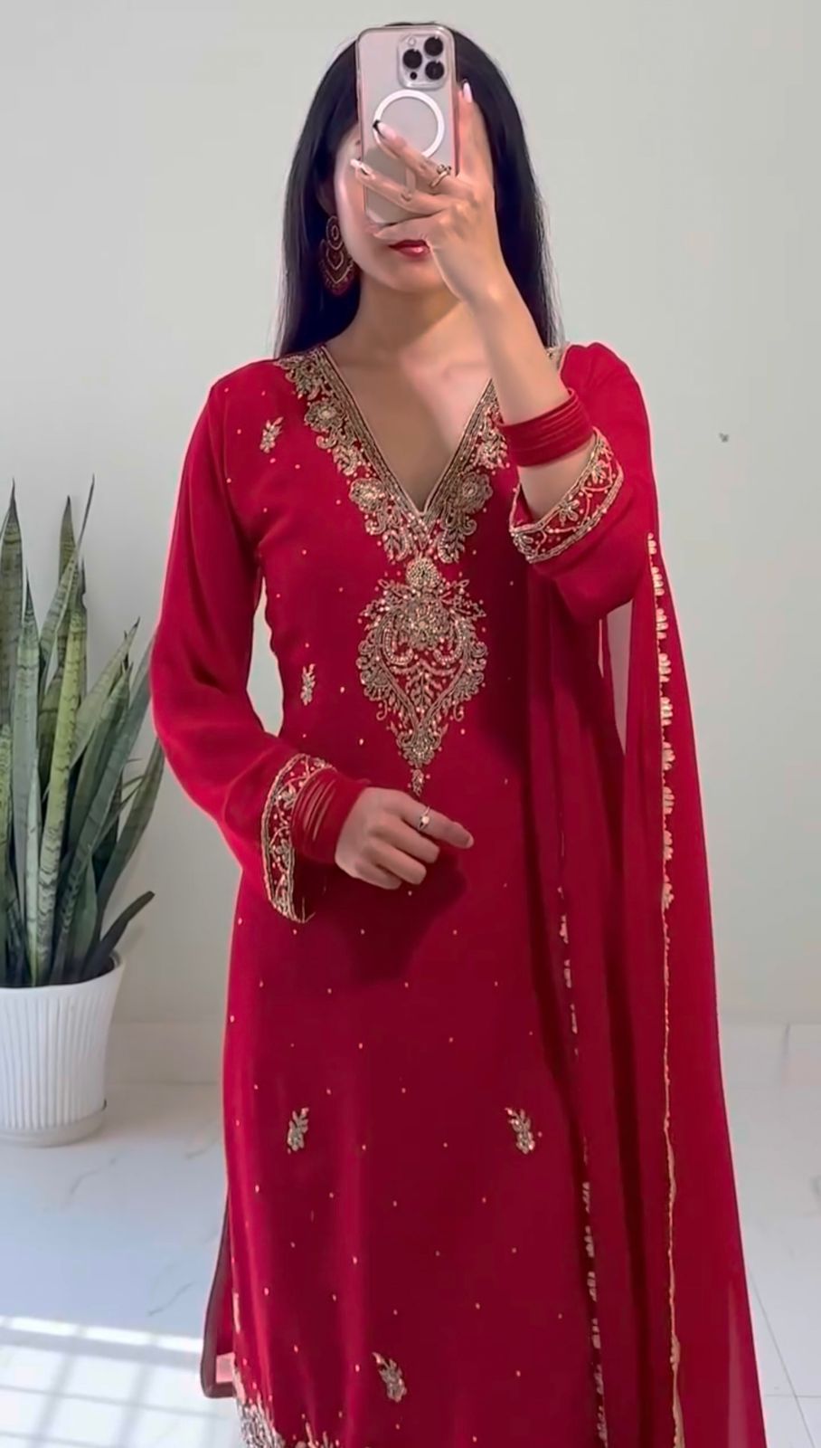 Ravishing Red Georgette Embroidery Palazzo Suit