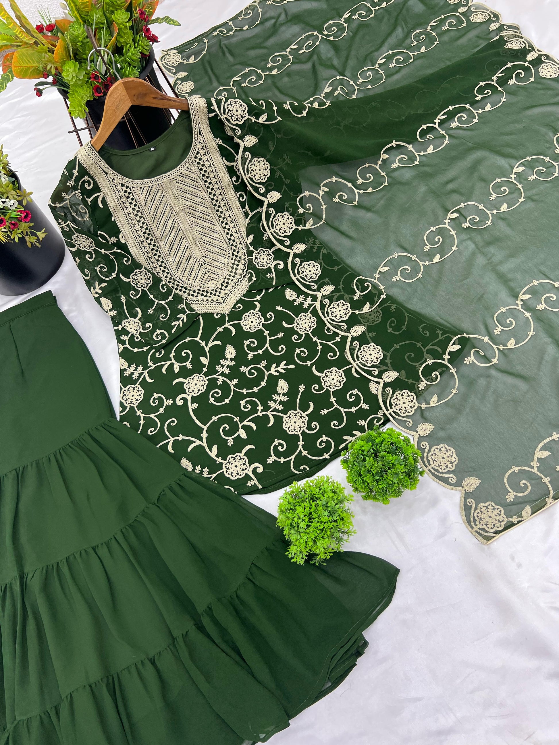 Designer Embroidery Work Green Color Sharara Suit