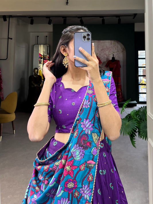 Exclusive Kalamkari Print Purple Color Festive Wear Lehenga Choli