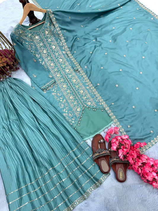 Demanding Sky Blue Color Chinon Silk Sharara Suit