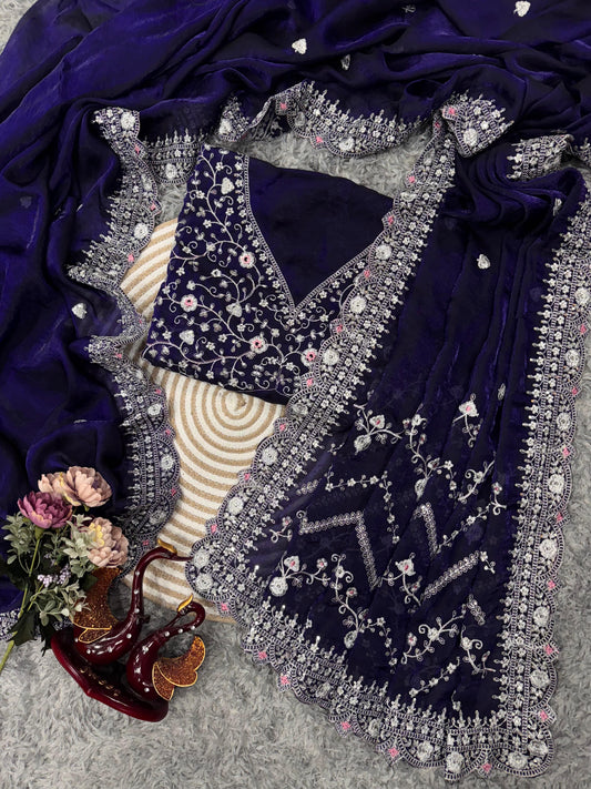 Marriage Special Heavy Work Navy Blue Color Saree