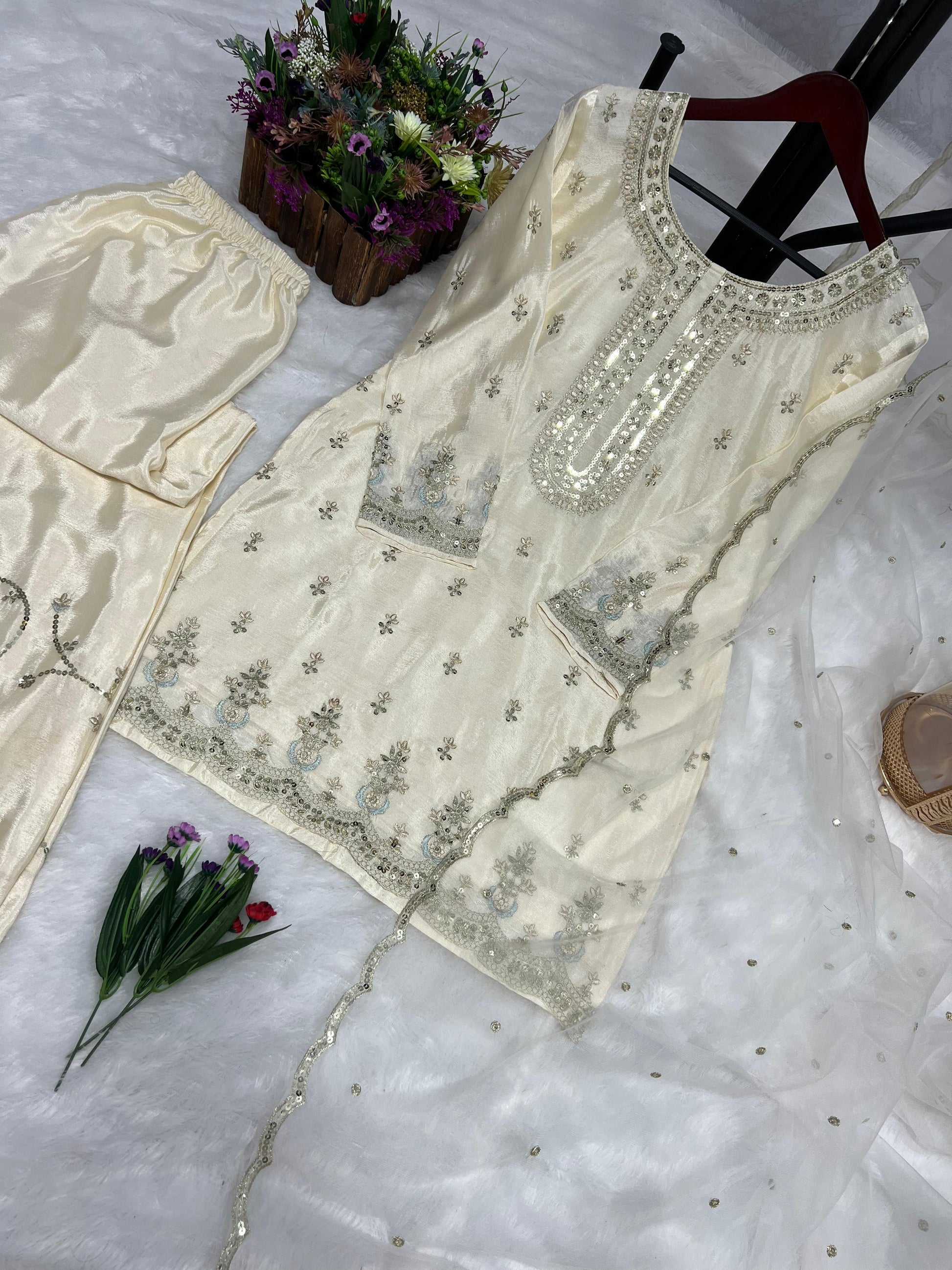 Opulent Sequence Work Cream Color Sharara Suit