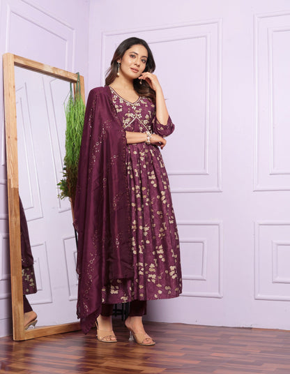 Wine Color Aalia Cut Kurta Set With Dupatta