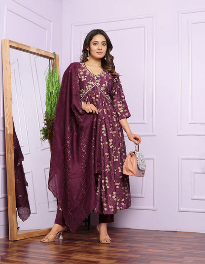 Wine Color Aalia Cut Kurta Set With Dupatta