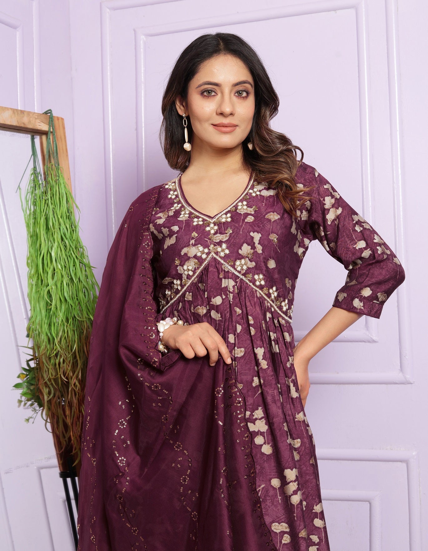 Wine Color Aalia Cut Kurta Set With Dupatta