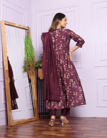 Wine Color Aalia Cut Kurta Set With Dupatta