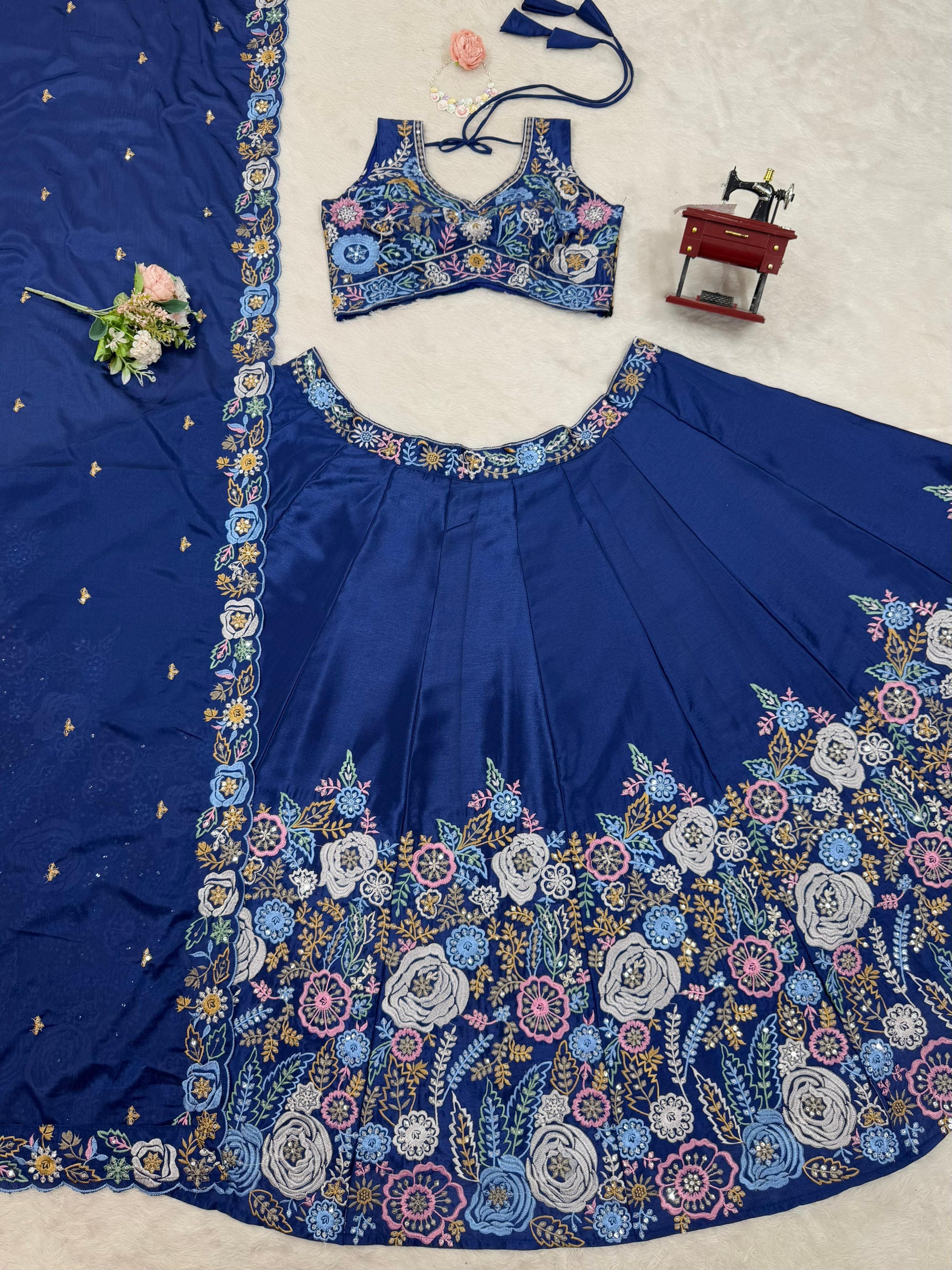 Chinon Silk Sequnce Work Blue Color Lehenga Choli