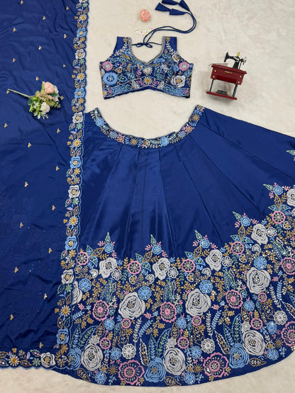 Chinon Silk Sequnce Work Blue Color Lehenga Choli