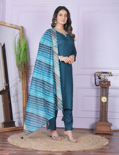 Luxury Teal Blue Salwar Suit With Leheriya Dupatta