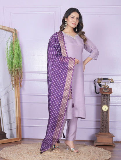 Luxury Lavender Salwar Suit With Leheriya Dupatta