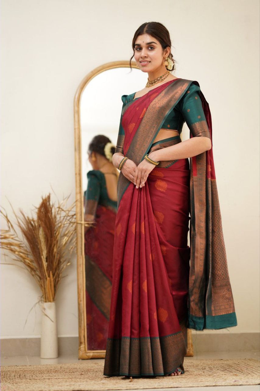 Designer Maroon Color Coper Jari Design Soft Silk Saree