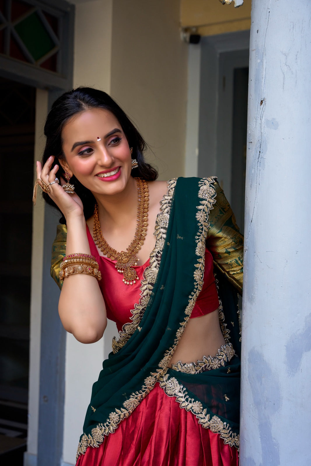 Blissful Zari Weaving Work Red & Green Color Lehenga Choli