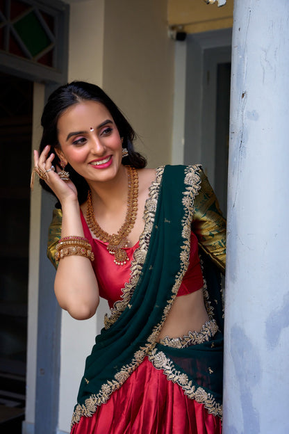 Blissful Zari Weaving Work Red & Green Color Lehenga Choli