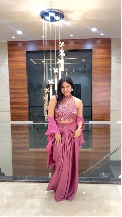 Dusty Pink Drape Skirt With Beautiful Pattern Blouse