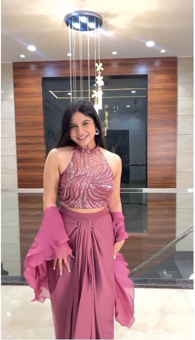 Dusty Pink Drape Skirt With Beautiful Pattern Blouse