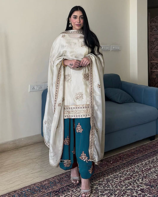 Pretty Silk White With Teal Blue Palazzo Suit