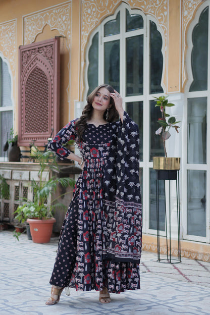 Fancy Cotton Round Neck Black Color Gown