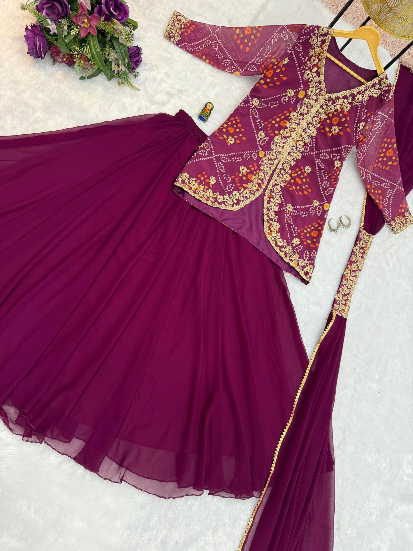 Party Wear Embroidery Work Purple Color Gown Koti With Dupatta