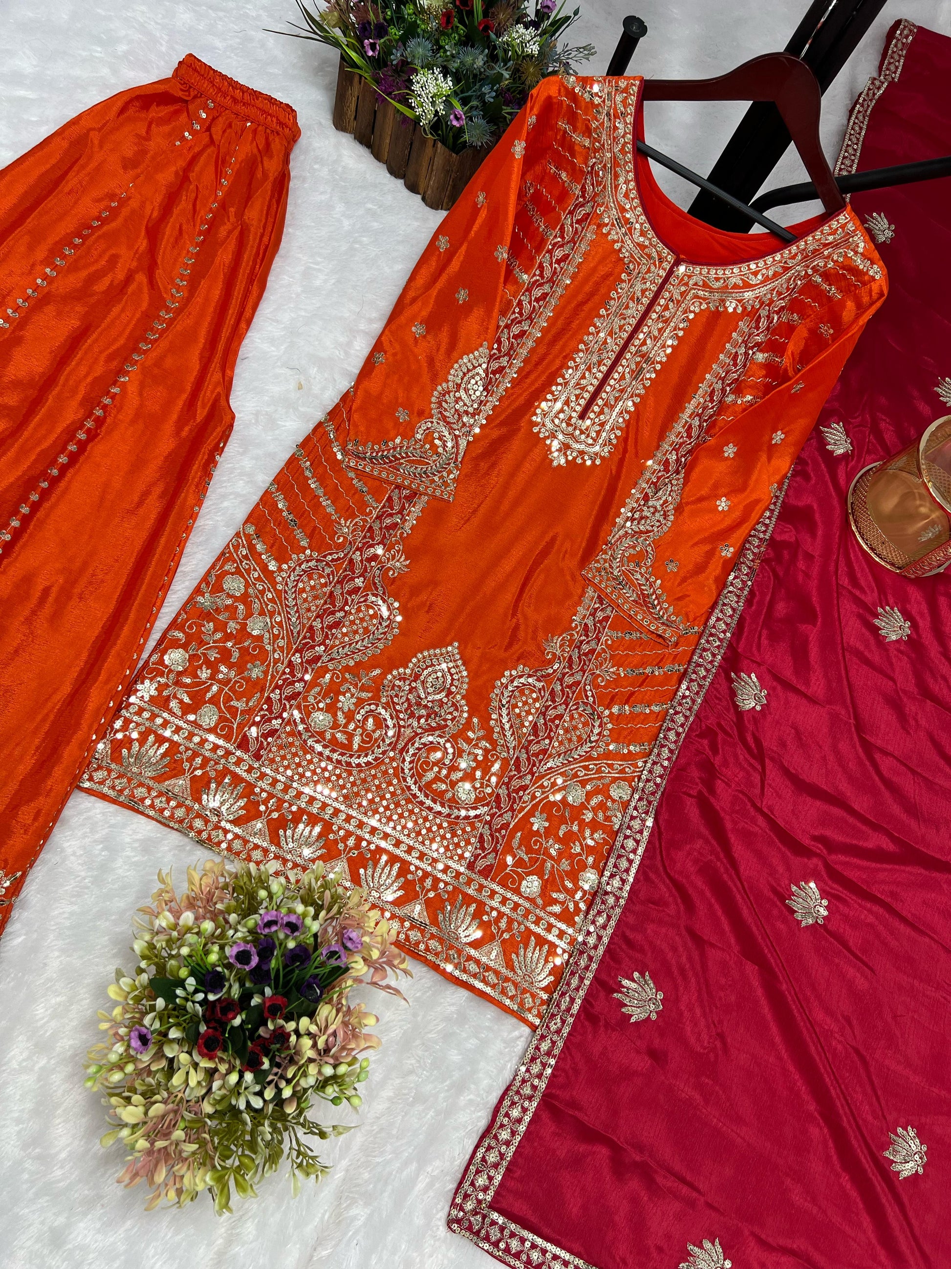 Glossy Orange Color Chinon Silk Palazzo With Dupatta Set