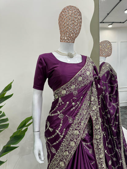 Superhit Satin Silk Wine Color Saree