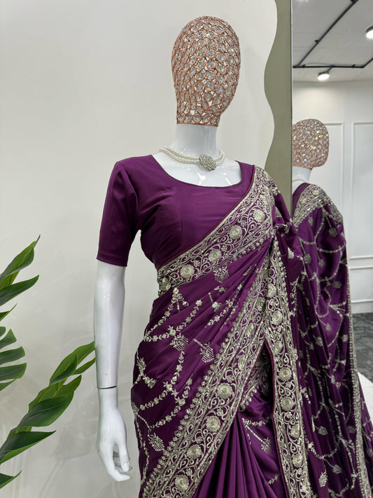 Superhit Satin Silk Wine Color Saree