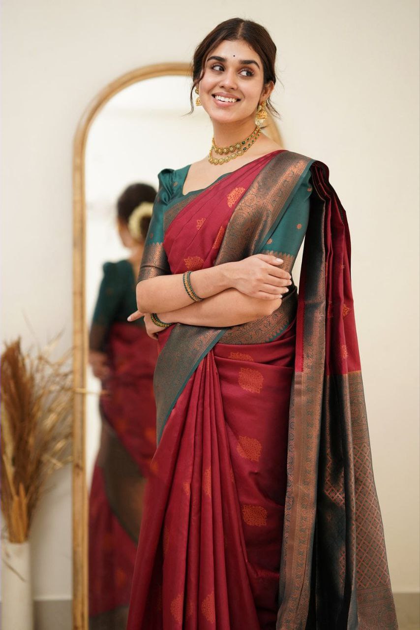 Designer Maroon Color Coper Jari Design Soft Silk Saree