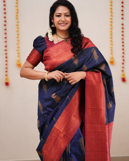 Beautiful Designer Blue Color Coper Jari Design Soft Silk Saree