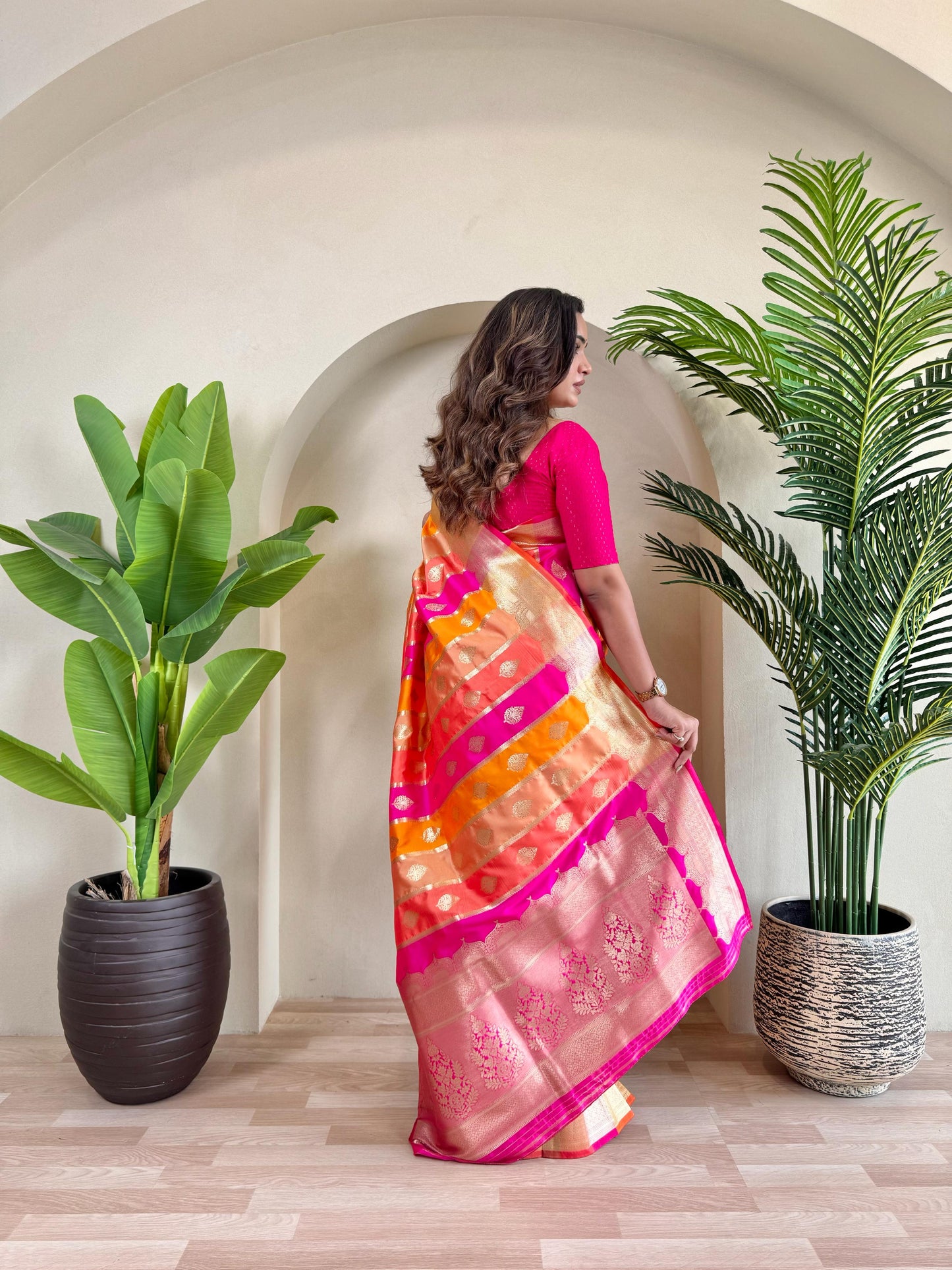 Stunning Benarasi Silk Multi Color Orange Pink Saree