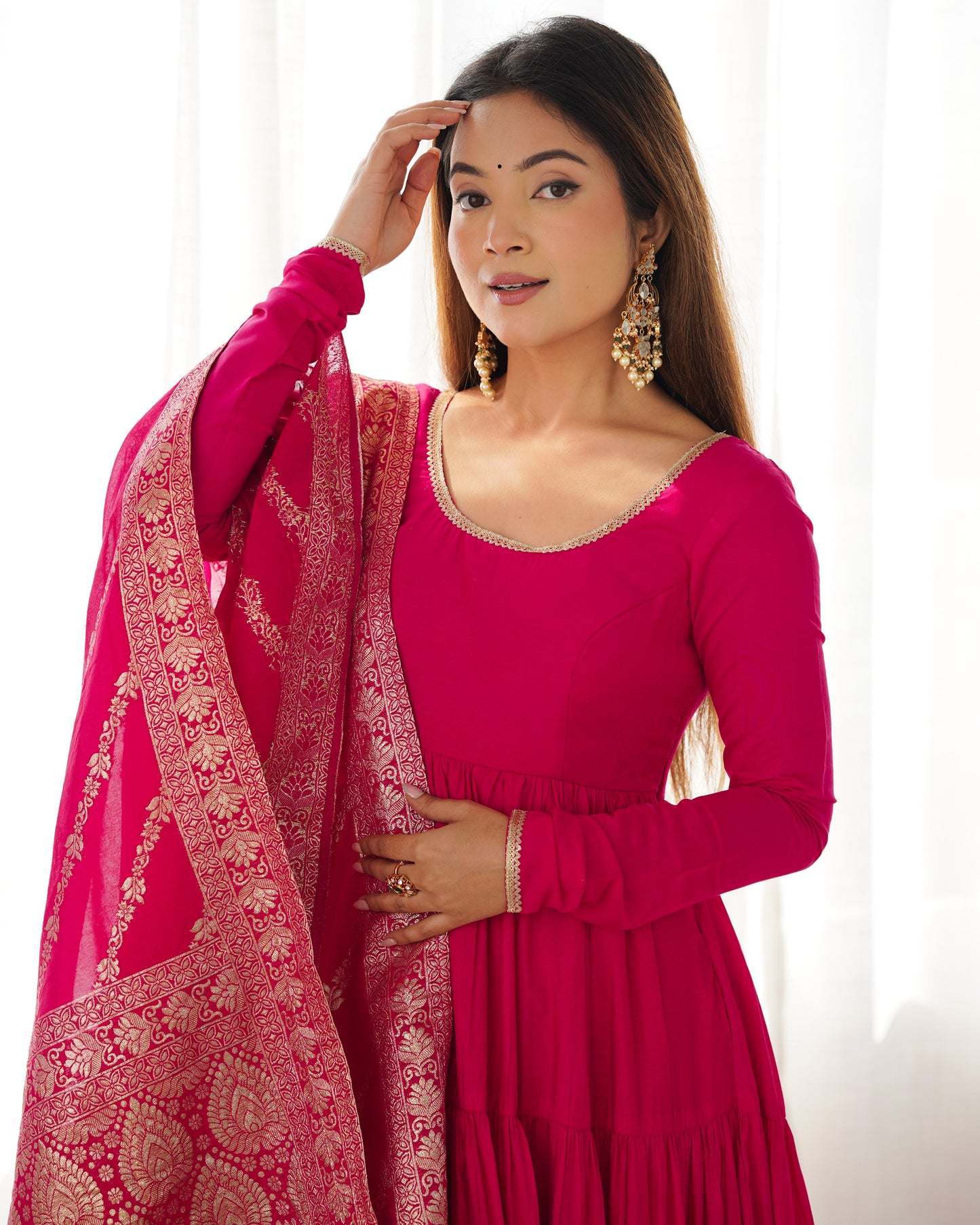 Elegant Pink Color Pure Roman Silk Chanderi Fabric Fully Flair Anarkali Gown With Dupatta