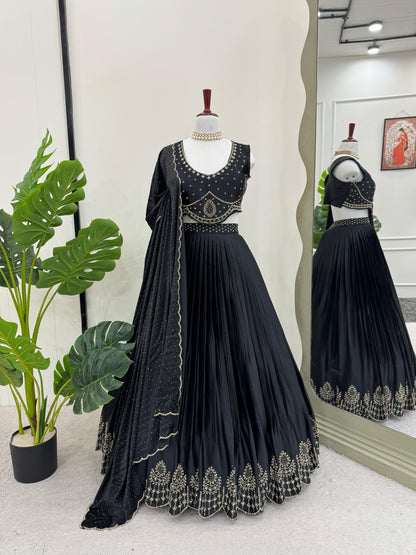 Wedding Wear Black Color Satin Silk Lehenga Choli