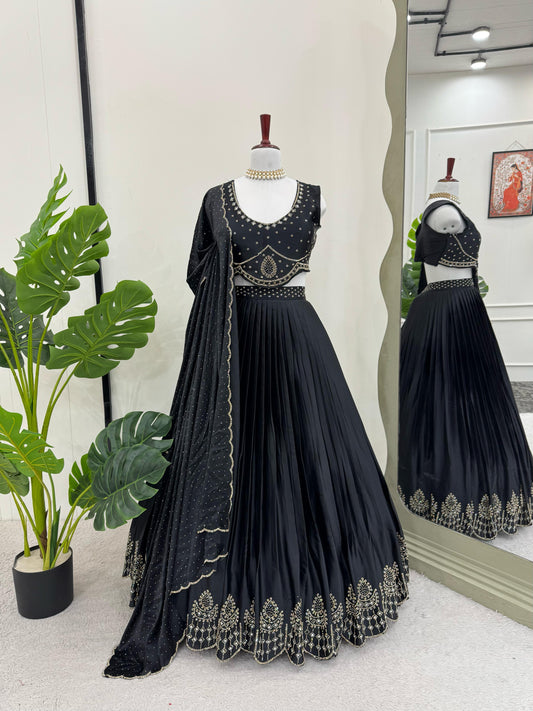 Wedding Wear Black Color Satin Silk Lehenga Choli