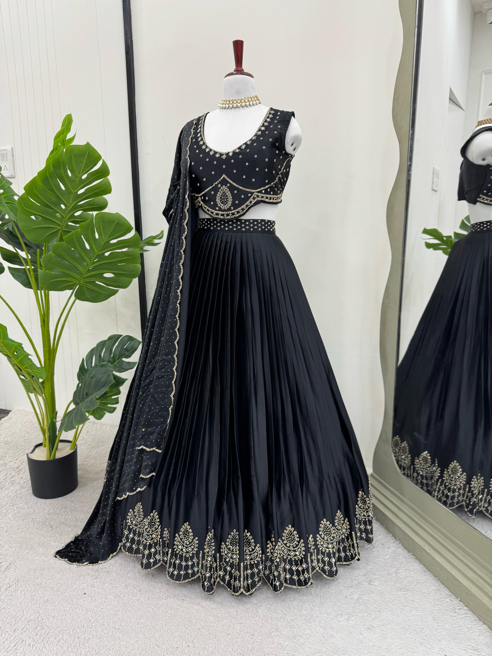 Wedding Wear Black Color Satin Silk Lehenga Choli