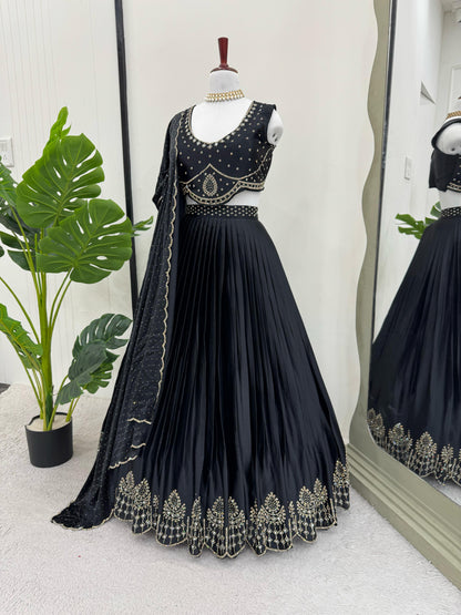 Wedding Wear Black Color Satin Silk Lehenga Choli