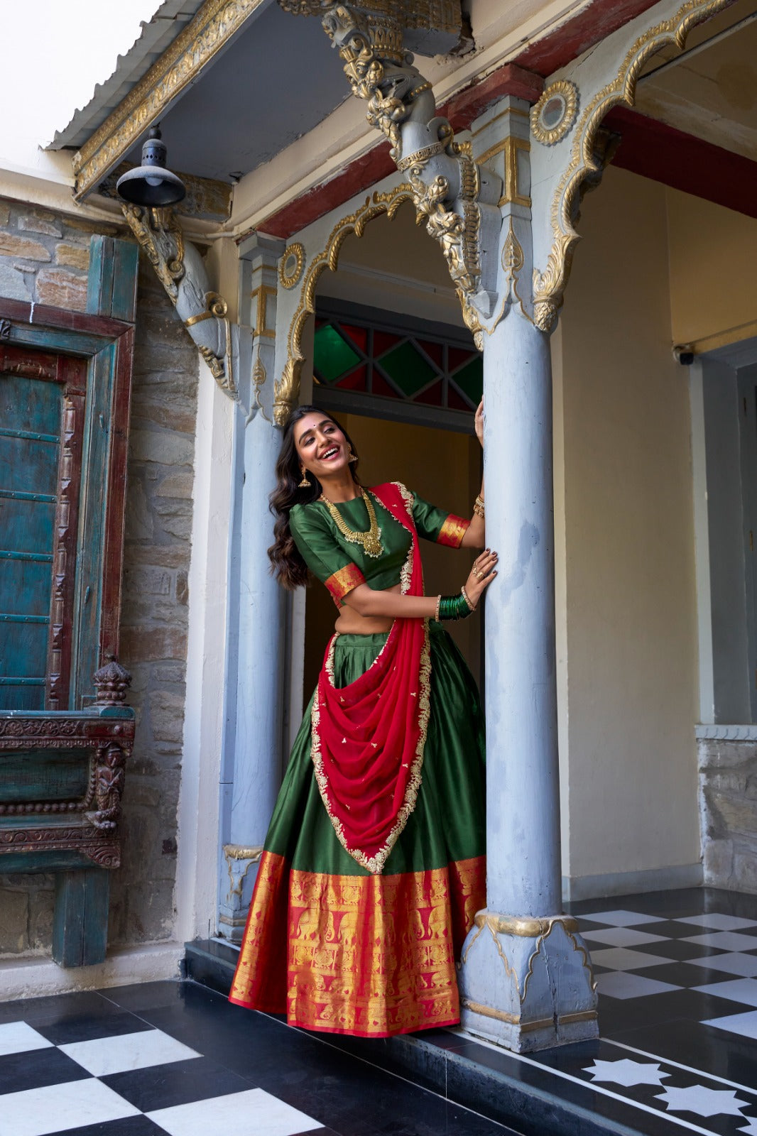 Blissful Zari Weaving Work Green & Red Color Lehenga Choli