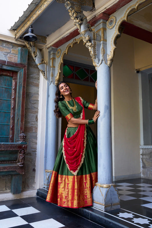 Blissful Zari Weaving Work Green & Red Color Lehenga Choli