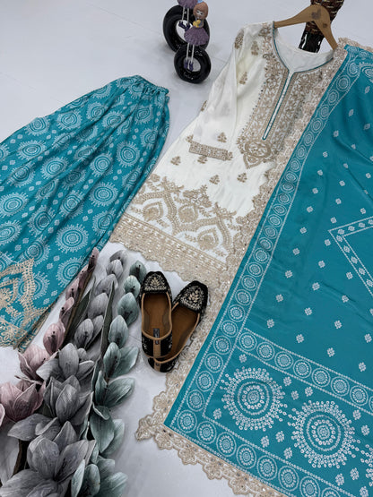 Demanding Heavy Work White Color Sharara Suit With Blue Dupatta