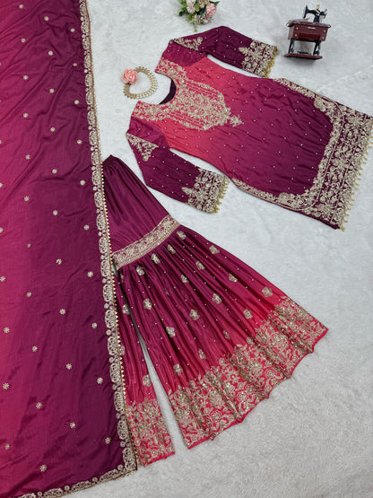 Good Looking Chinon Silk Rivet Moti Pink Color Sharara Suit