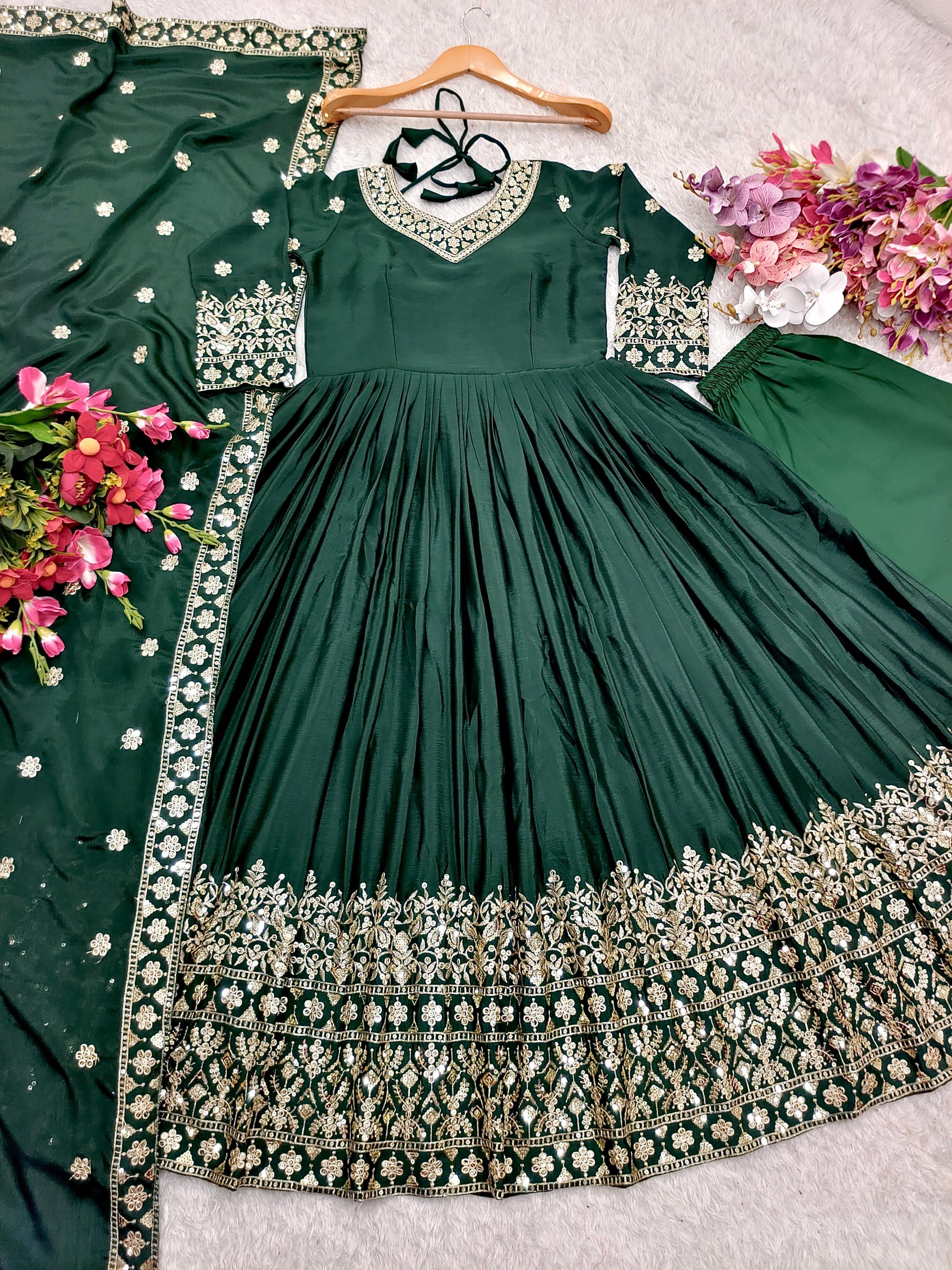 Imposing Chinon Silk Sequence Work Green Color Gown