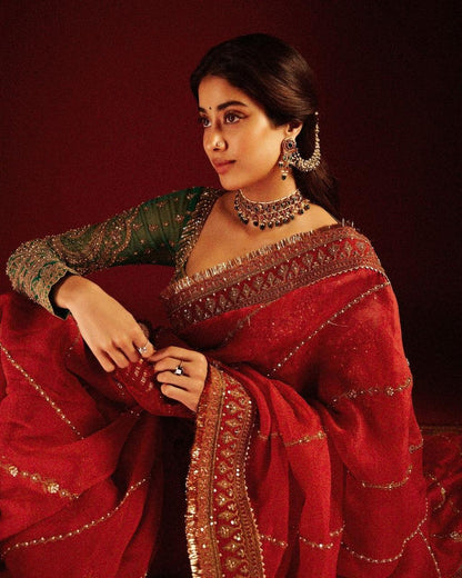 Jhanvi Kapoor Bollywood Organza Silk Red Color Sequnce Work Saree