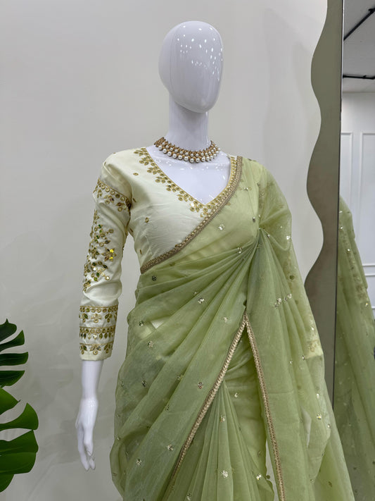 Fantastic Sequnce Work Net Mehndi Color Saree