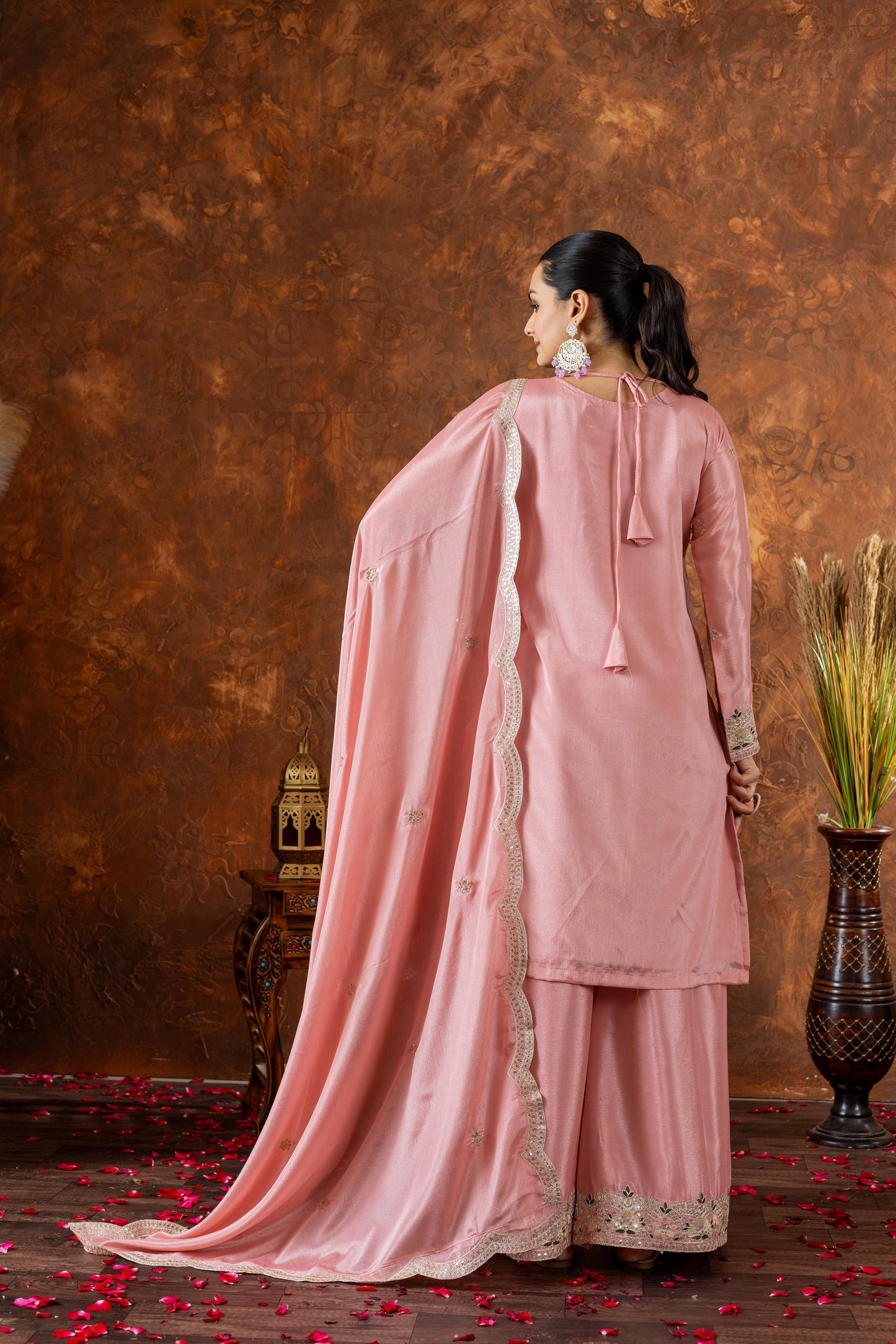 Outstanding Chinon Silk Pink Color Color Palazzo Suit