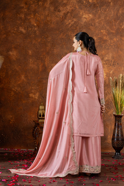 Outstanding Chinon Silk Pink Color Color Palazzo Suit