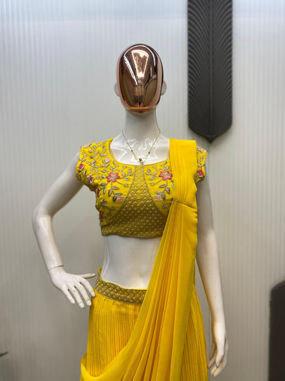 Function Wear Georgette Yellow Color Lehenga Saree With Koti