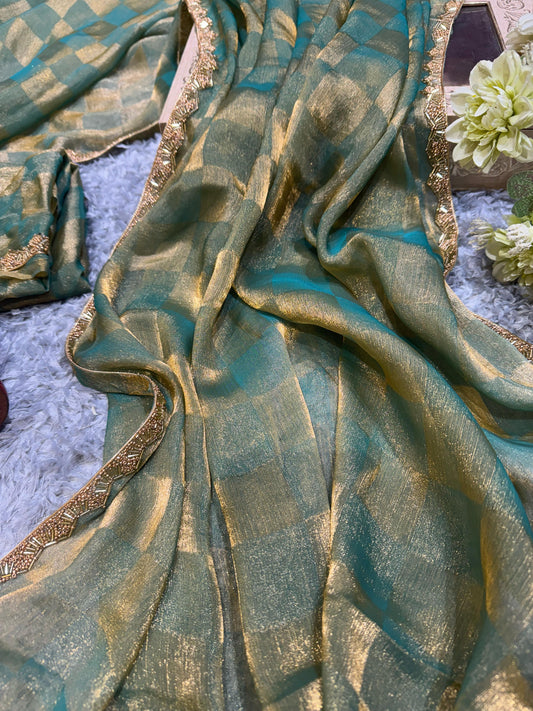 Demanding Box Katdana Teal Blue Color Saree