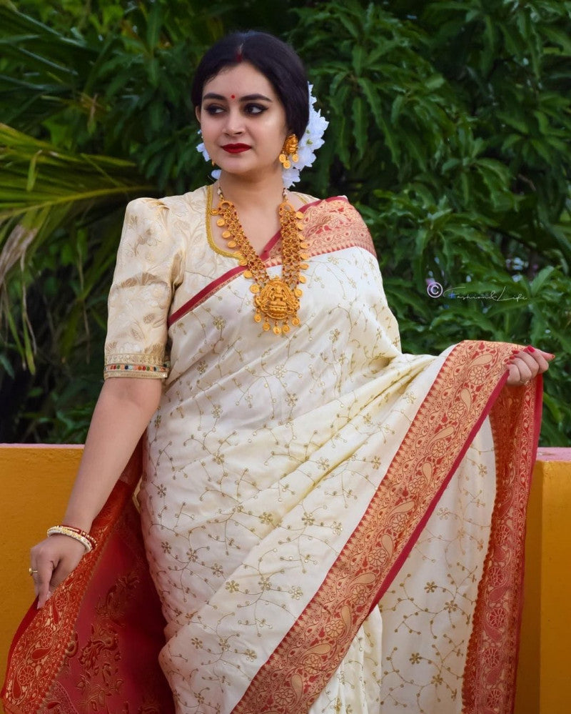 White With Red Color Soft Silk Designer Saree